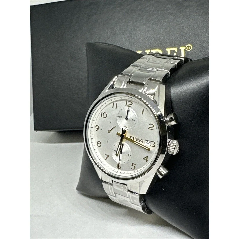 Burei B-7005 Men's Silver Stainless Steel Analog White Dial Quartz Watch XOB26